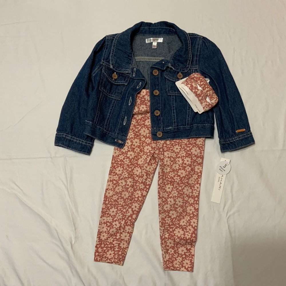 Tahari girl 3 pc set w/ denim jacket, leggings & matching headband. 24 months.